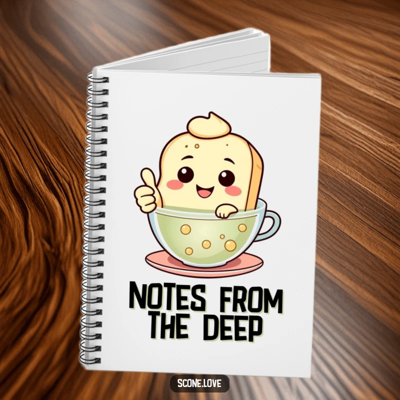 Funny Floating Scone Notebook shows a smiling scone giving a thumbs up while floating in tea, ready for humorous note-taking.