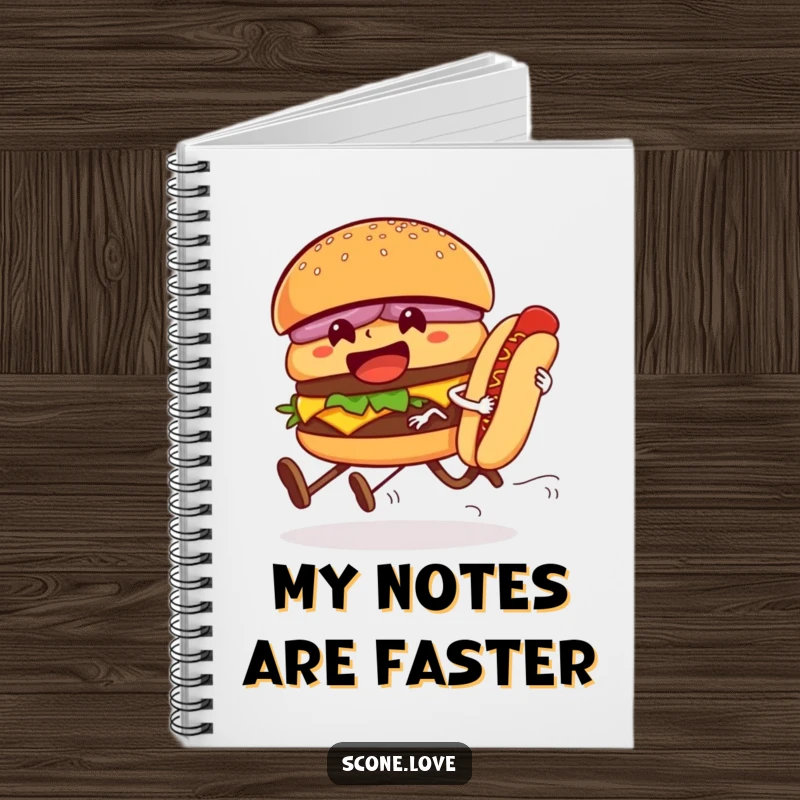 Funny notebook cover with a hamburger and hot dog in a thrilling race, perfect for capturing ideas and adding humor to note-taking.