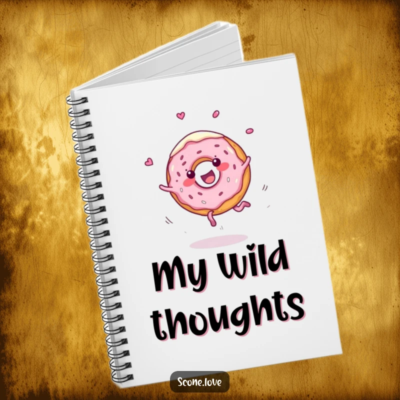 Funny notebook cover features a cheerful donut performing a cartwheel with frosting flying, a humorous and inspiring tool for writing.