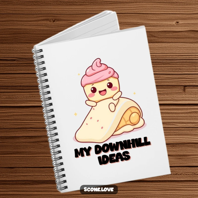 Funny Kawaii Scone with a wide smile, sliding down a frosting slide, on a notebook cover for sweet notes.