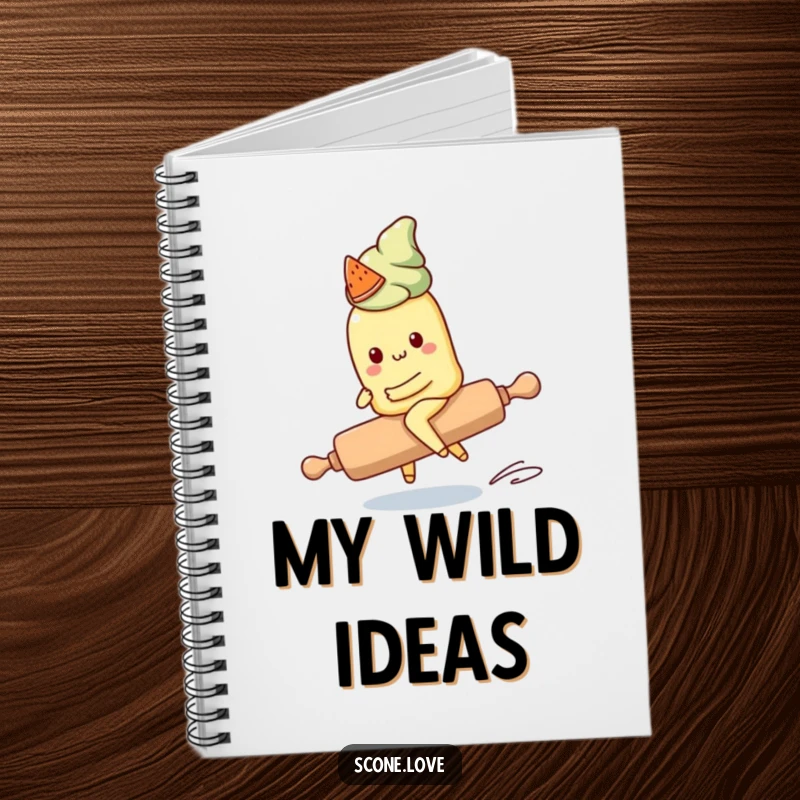 Funny Kawaii Scone Notebook: A cute scone character rides a runaway rolling pin, inspiring humorous notes and ideas.