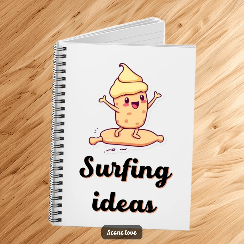 Funny Kawaii Scone Notebook: a scone surfs on a rolling pin, perfect for funny journaling.
