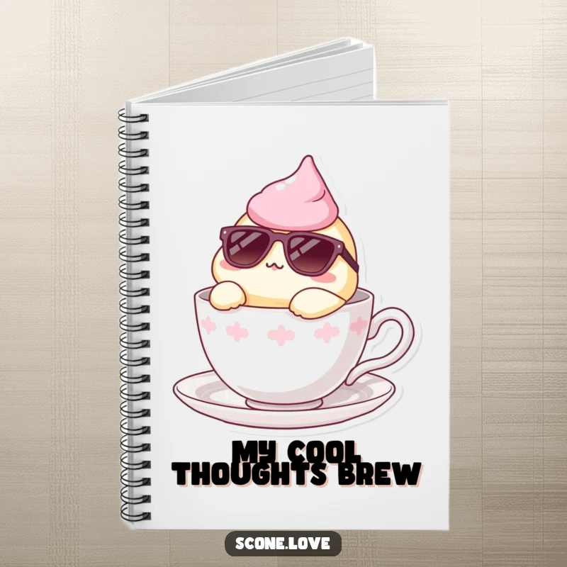 Funny notebook cover of a scone wearing sunglasses, lounging in a teacup, perfect for jotting down cool ideas.