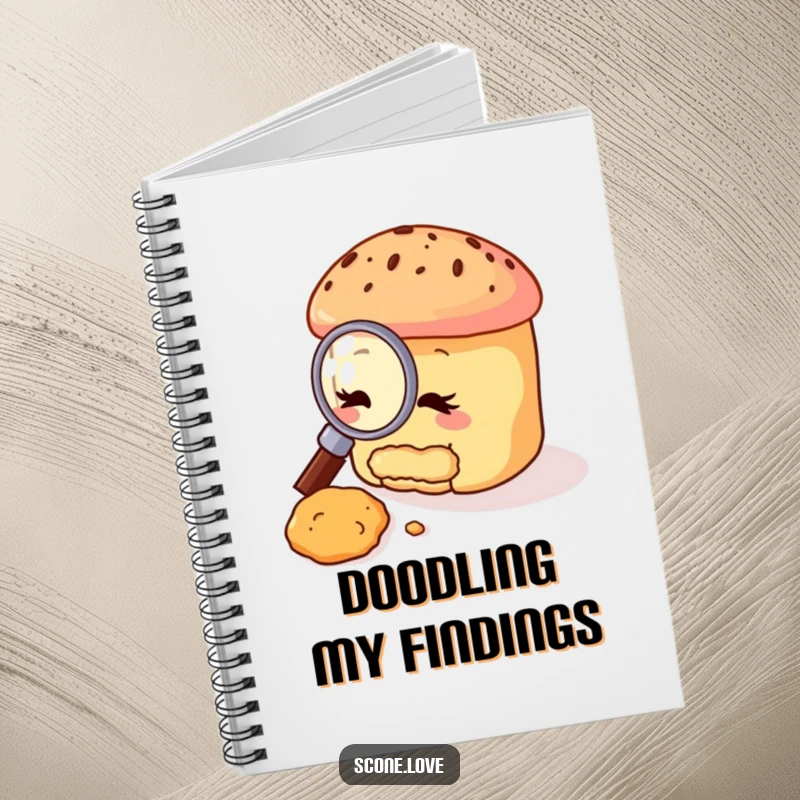 Funny scone notebook featuring a scone character using a magnifying glass to examine a crumb, perfect for note-taking with a humorous twist.