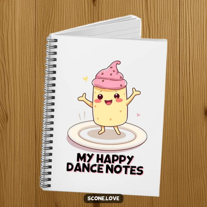 Funny notebook with a kawaii scone character doing a happy dance on a large plate, perfect for jotting notes with a side of baked goods cheer.