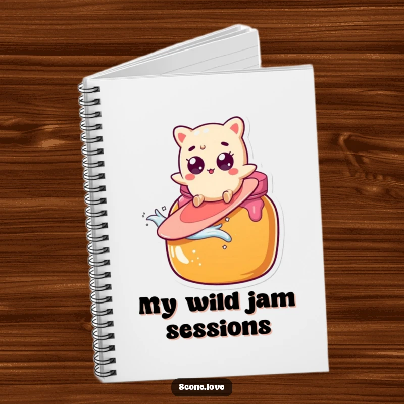 Funny scone character surfing a giant jam jar, a hilarious and adventurous design for this notebook.