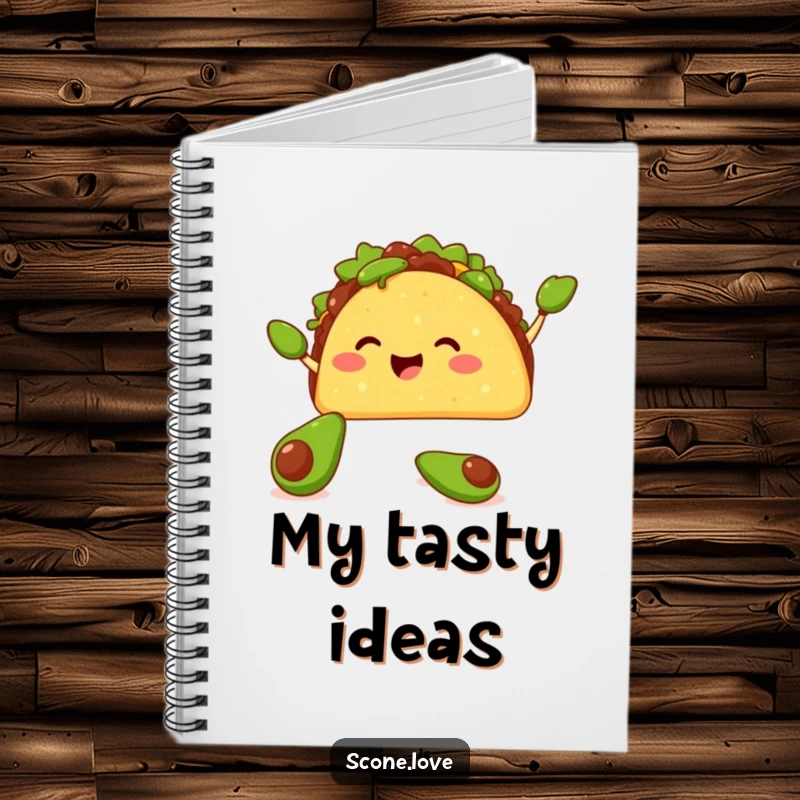 Funny notebook with a happy taco juggling tiny avocados with its shell, perfect for capturing foodie thoughts and spicy ideas.