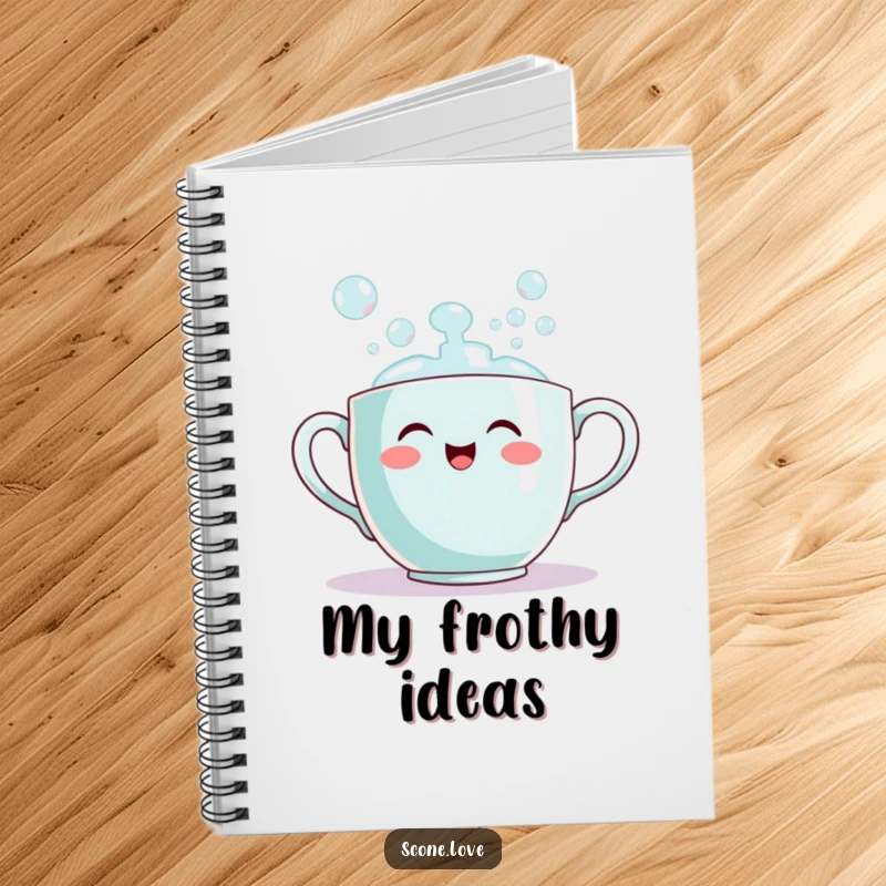 Funny teacup bubble notebook featuring a smiling teacup pouring out bubbles, ideal for journaling and creative writing.