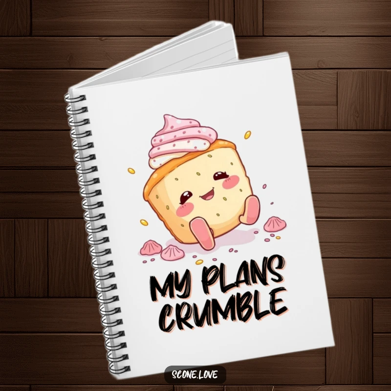 Funny scone notebook featuring a scone character comically tripping and scattering icing, perfect for note-taking with a humorous, clumsy flair.