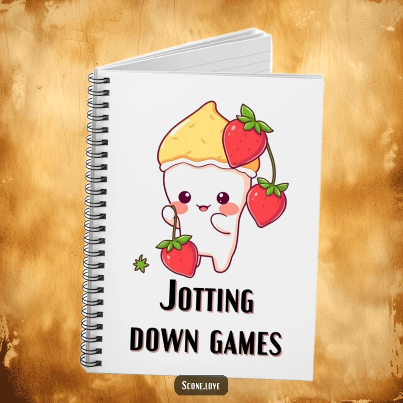 Funny kawaii scone character energetically batting at a dangling strawberry, designed as a charming notebook cover.