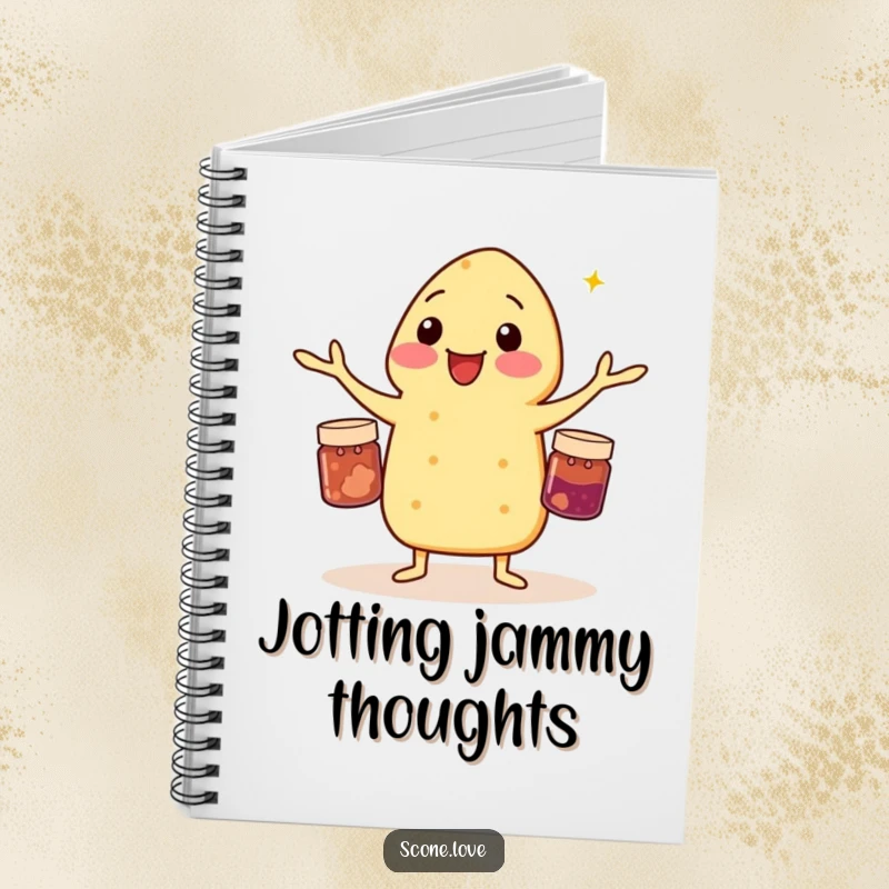 Funny notebook cover with a scone juggling three jam jars, perfect for jotting down recipes or funny thoughts.