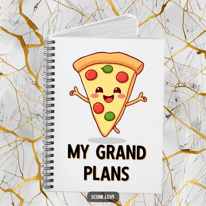 Funny notebook with a happy pizza slice dancing with its crust, perfect for capturing foodie thoughts and creative ideas.