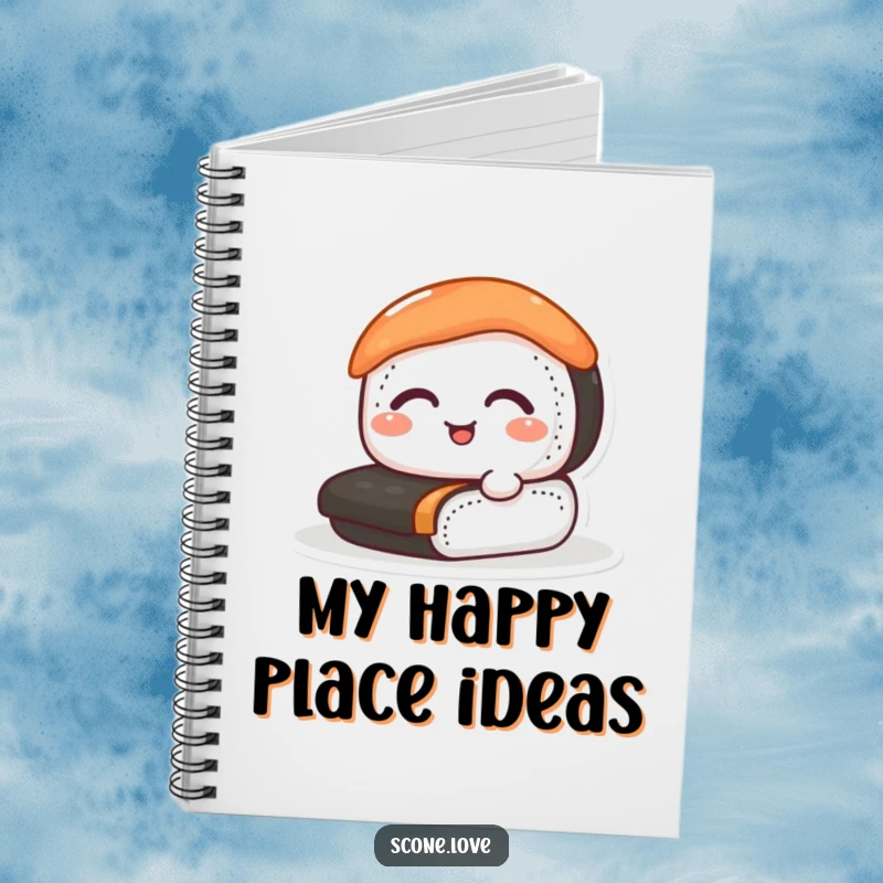Funny sushi notebook with a happy sushi roll cover, perfect for jotting down notes, ideas, and recipes.