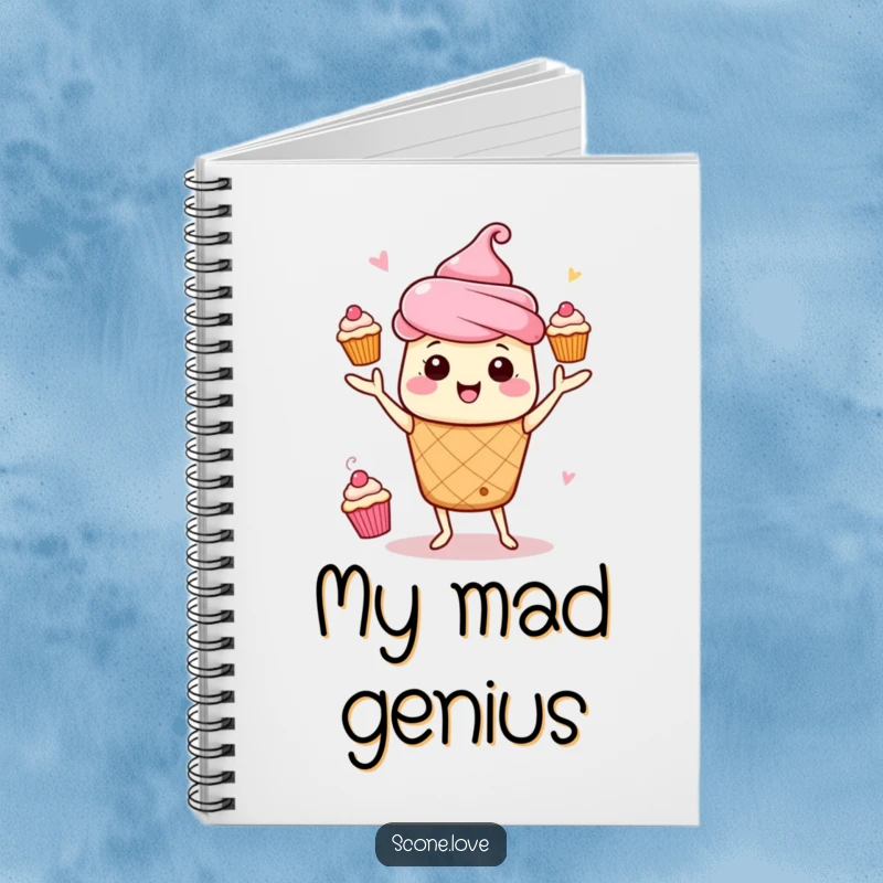 Funny Kawaii Scone Juggling Notebook: A scone energetically juggles mini cupcakes, perfect for capturing ideas.