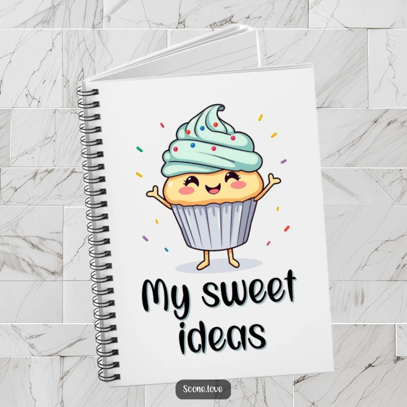 Funny notebook cover features a smiling cupcake dancing with sprinkles falling, a humorous and inspiring tool for writing and creativity.