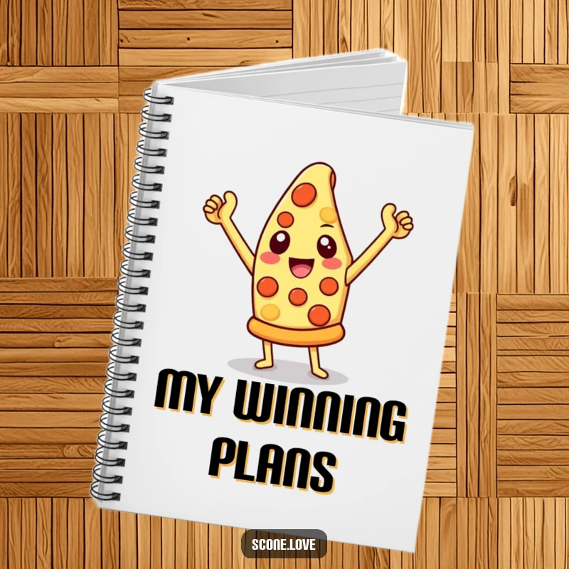 Funny pizza notebook with a triumphant cheesy slice cover, perfect for jotting down notes and creative ideas.