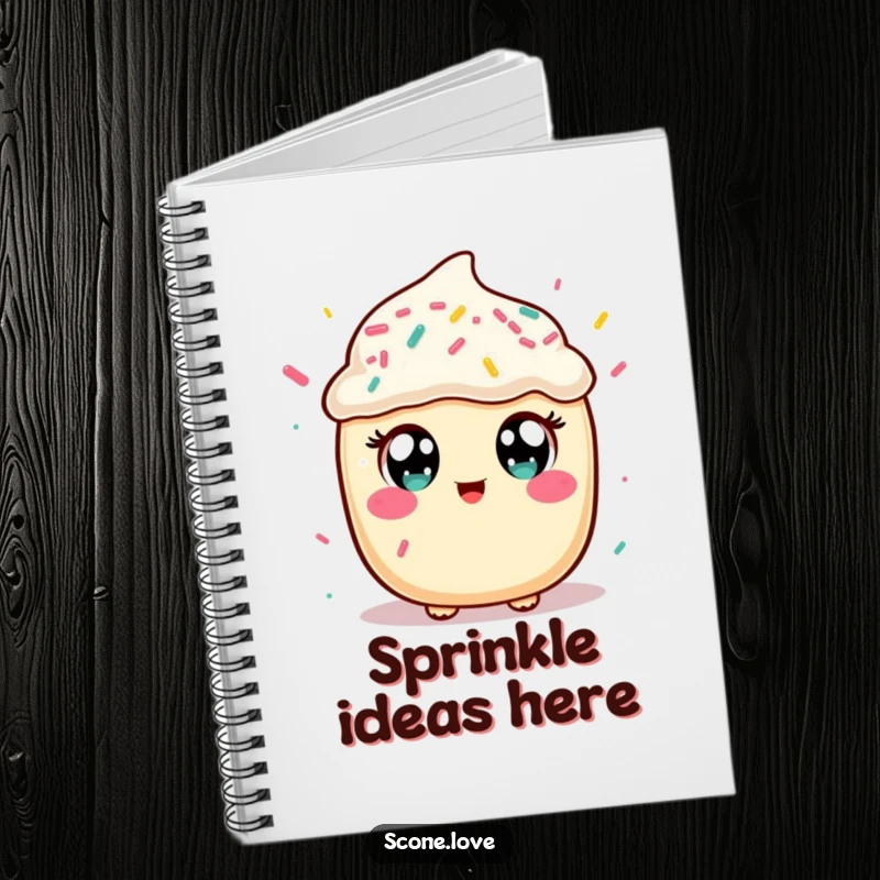 Funny notebook featuring a kawaii scone character catching sprinkles, ideal for jotting notes with a side of baked goods humor.