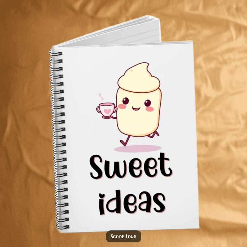 Funny Kawaii Scone Notebook: a joyful scone skips with a teacup, perfect for funny journaling.