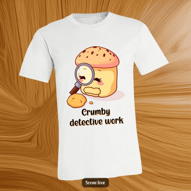 Funny scone t-shirt with a scone character using a magnifying glass to inspect a small crumb, conveying investigative silliness for baking fans.