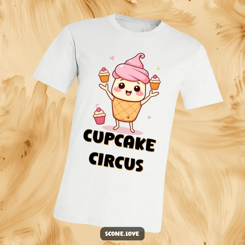 Funny Kawaii Scone Juggling T-Shirt: An energetic scone skillfully juggles mini cupcakes, a dynamic design.