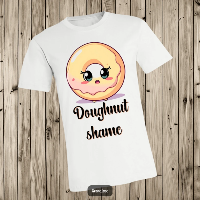 A funny scone character showing extreme surprise while looking at a colossal donut, printed on a t-shirt.