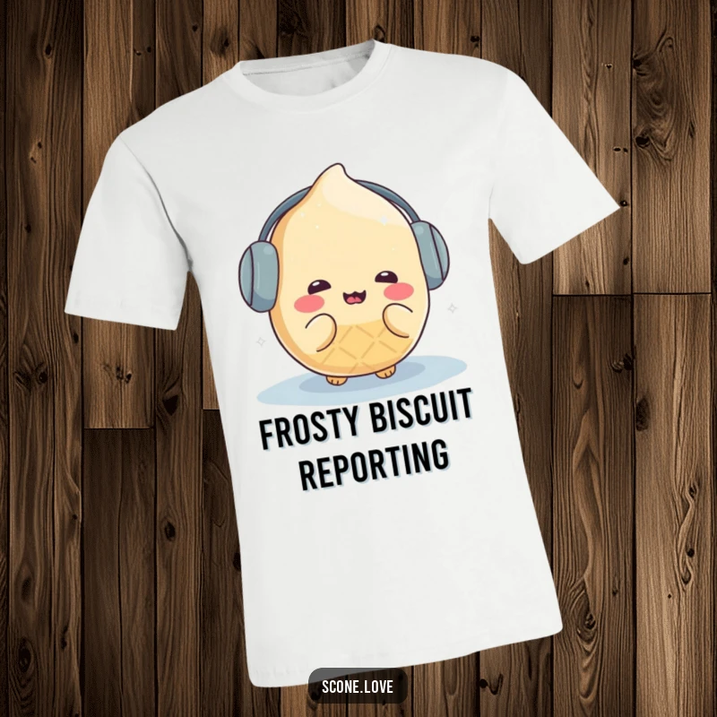 Funny kawaii scone character bundled in earmuffs and shivering humorously on a graphic t-shirt, ideal for cold weather.