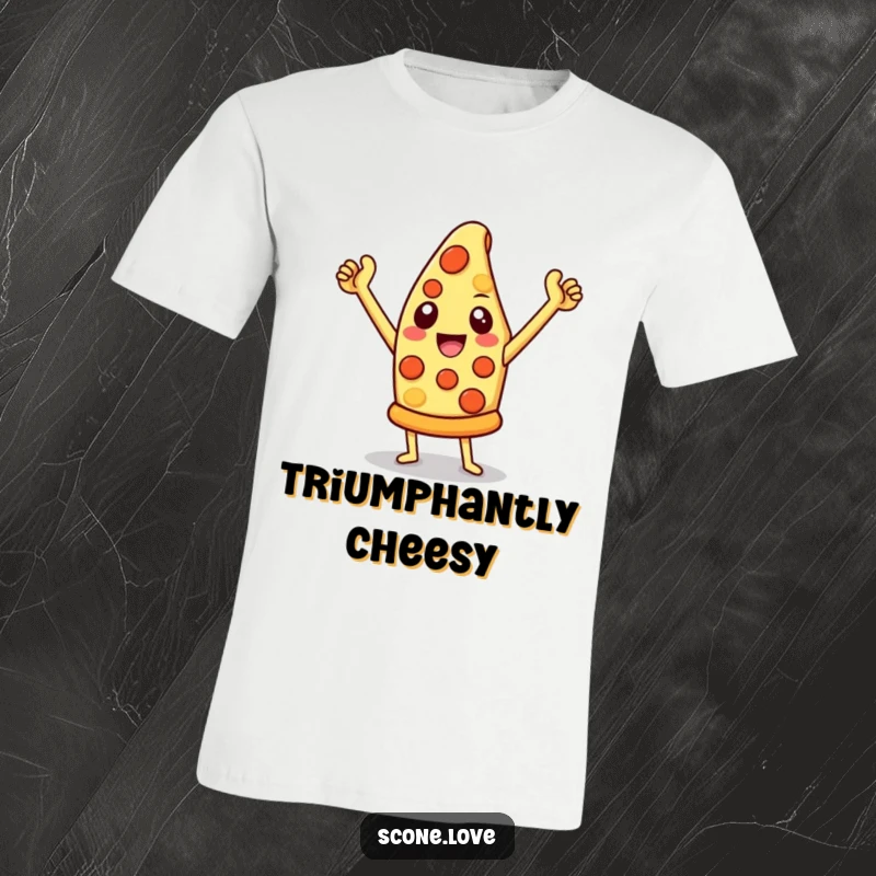 Funny pizza t-shirt showcasing a cheesy slice striking a triumphant pose, ideal for pizza parties and funny gift ideas.