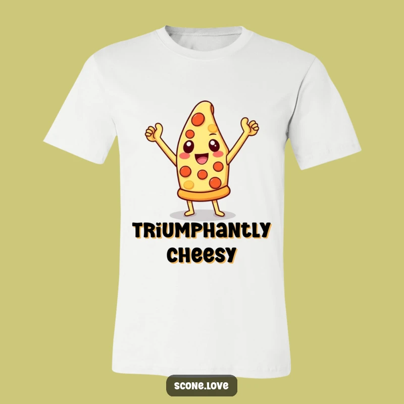 Funny Cheesy Pizza T-Shirt: Triumphant Slice Design for Foodies