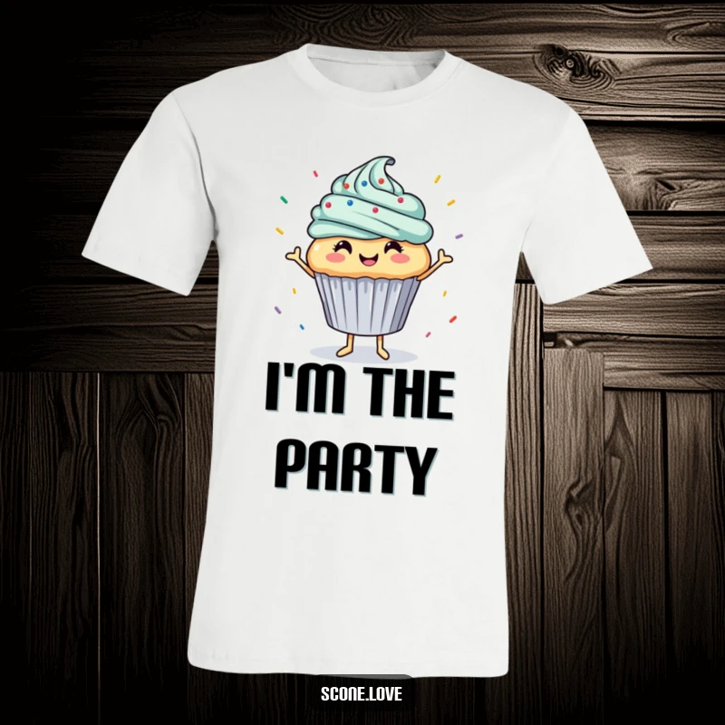 Funny t-shirt shows a grinning cupcake in mid-dance with a cascade of sprinkles, embodying pure, sugary fun and celebration.