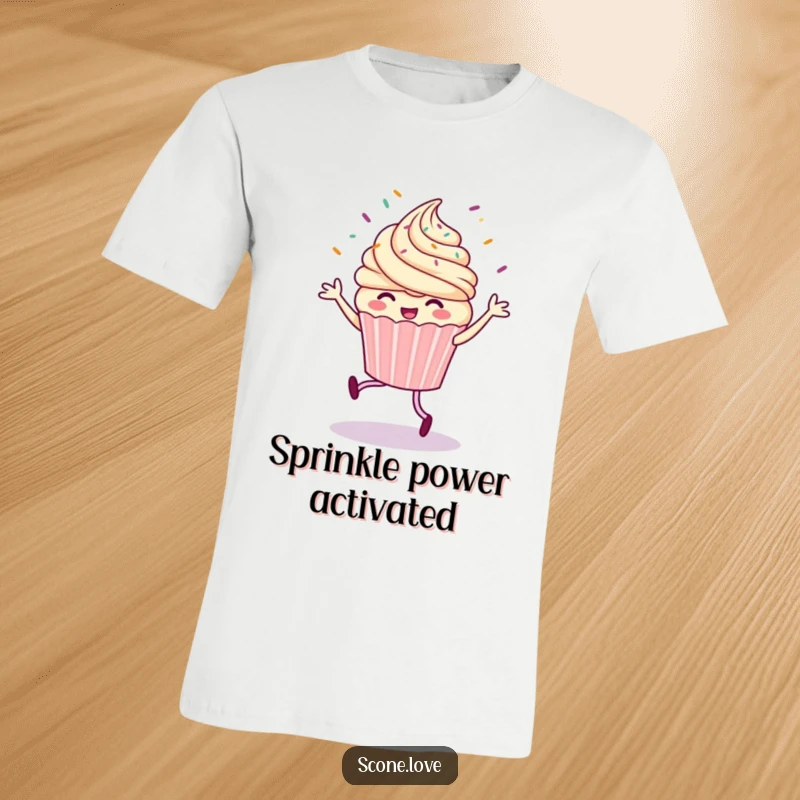 Funny t-shirt featuring an ecstatic cupcake performing a jig, with rainbow sprinkles erupting around it, full of energetic fun.