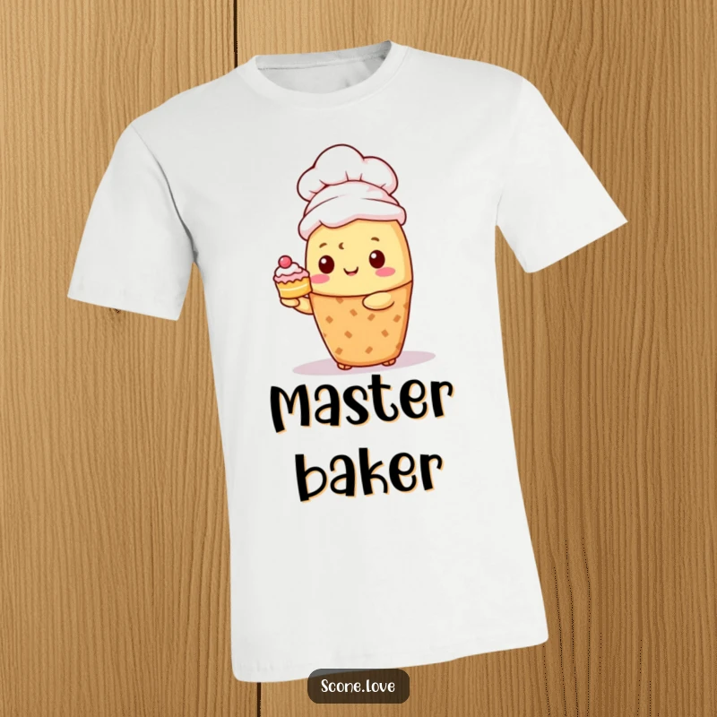 Funny Kawaii Scone Chef T-Shirt: A charming scone in a chef hat proudly presents a miniature cake, a baker's delight.