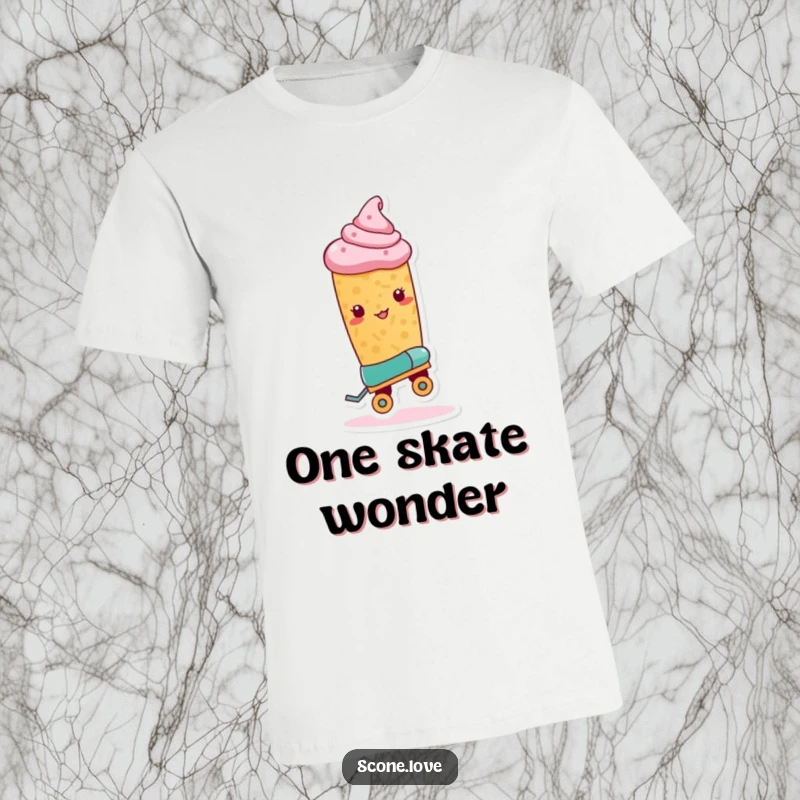 Funny Roller Skate Scone T-Shirt depicts a scone with one roller skate, looking ready to perform a daring trick, full of fun.