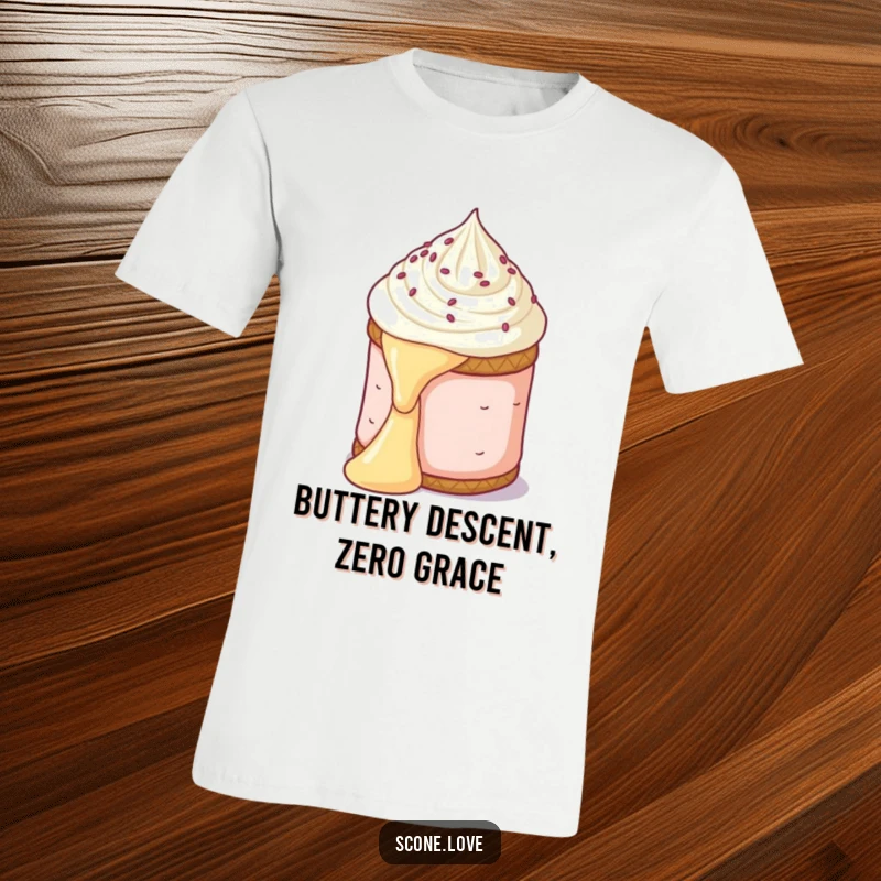 Funny t-shirt depicting a scone dramatically sliding down a butter pat, a comical representation of culinary mishaps.