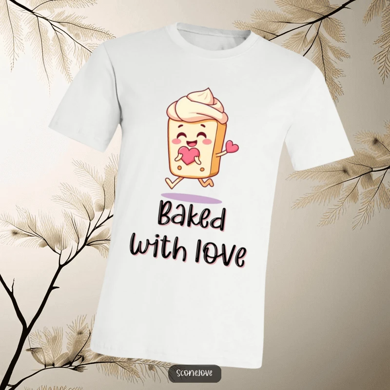 Funny Scone Joy T-Shirt: A happy scone skipping with a heart, perfect for pastry lovers who enjoy humor.
