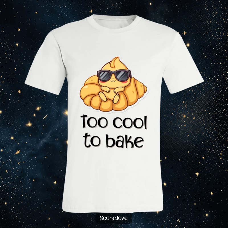 Funny Scone Croissant T-Shirt: A scone character in sunglasses chills on a huge croissant, exuding ultimate coolness and humor.