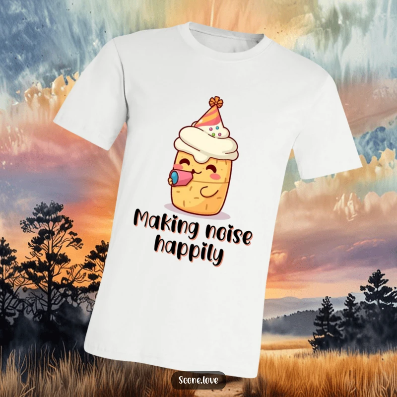 Funny t-shirt featuring a kawaii scone character in a tiny party hat, blowing a noisemaker, embodying pure festive celebration and baked goods joy.