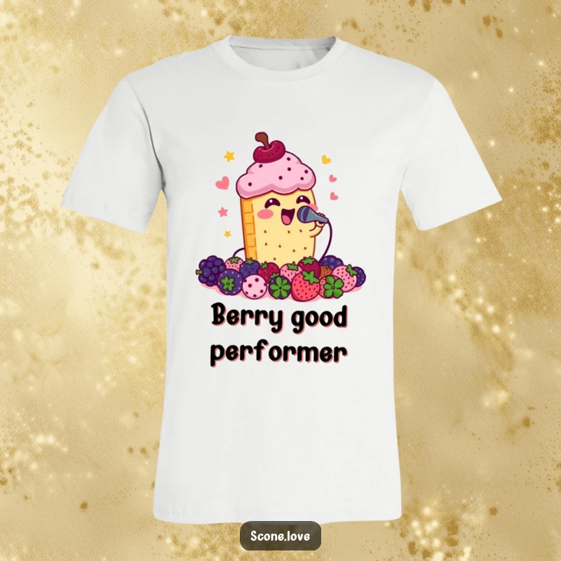 Funny scone singing into a microphone with a crowd of berries watching, a humorous music-themed t-shirt.