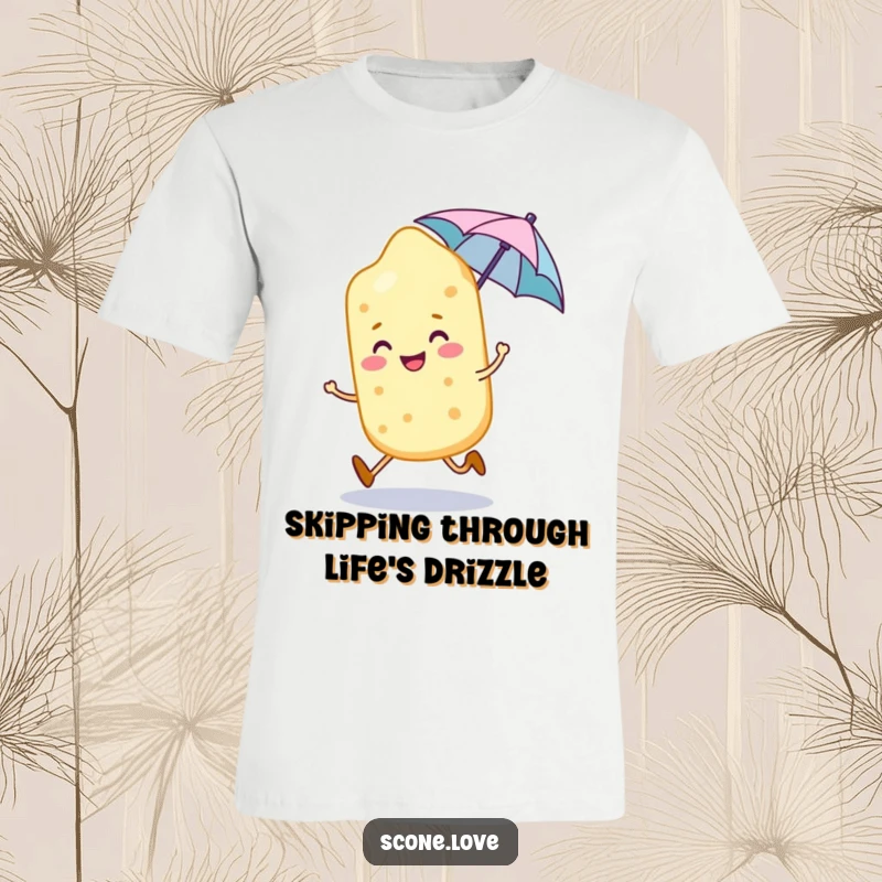 Funny scone character happily skips with a tiny umbrella, a whimsical design on this cute t-shirt.