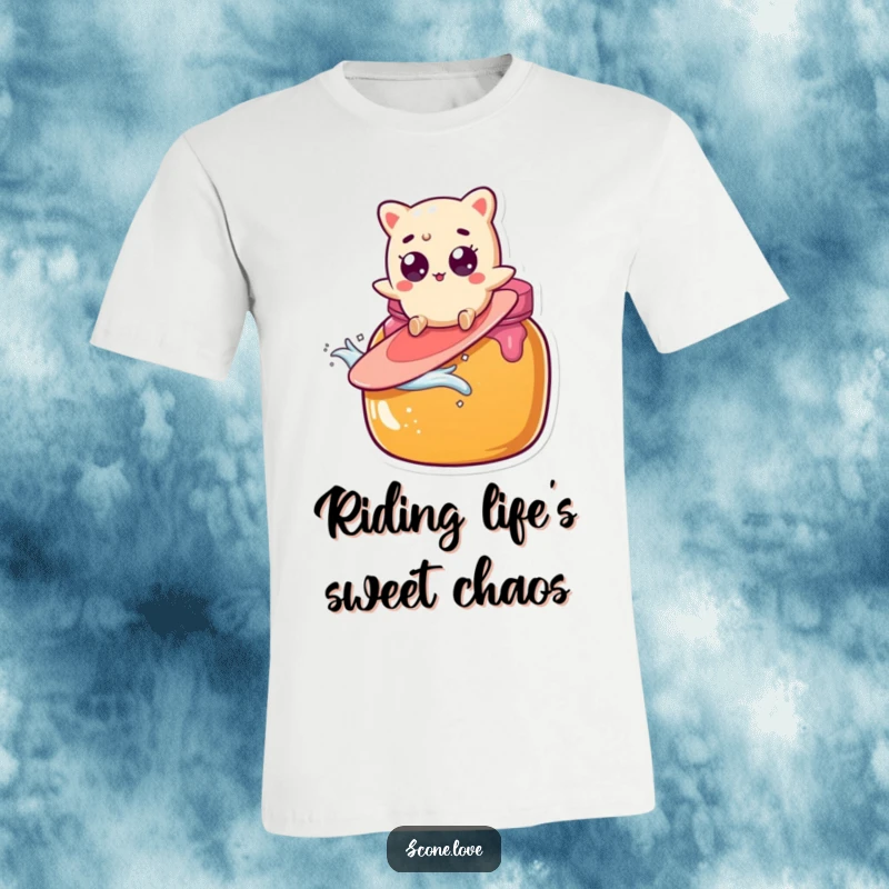 Funny scone character hilariously surfs a giant jam jar, captured mid-ride on this quirky t-shirt.