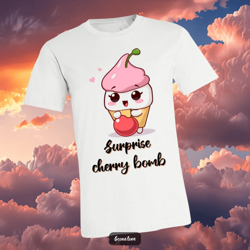 Funny Scone Surprise T-Shirt: A scone character shows surprise as a cherry pops playfully, capturing a moment of delightful shock.