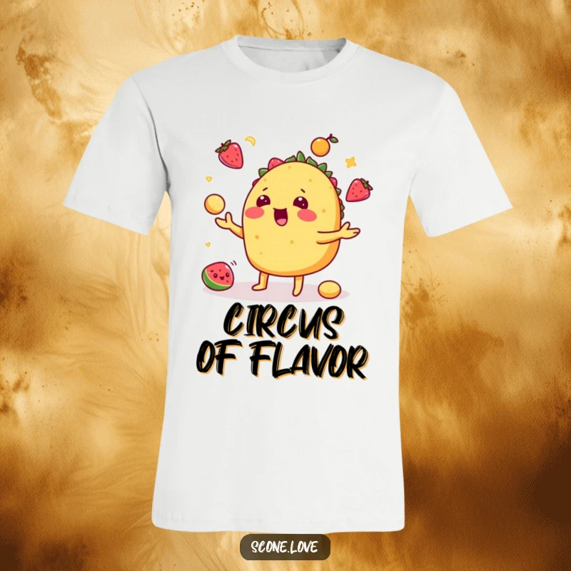 Funny taco t-shirt featuring a playful taco juggling fruit, ideal for food lovers, parties, and funny gift ideas.