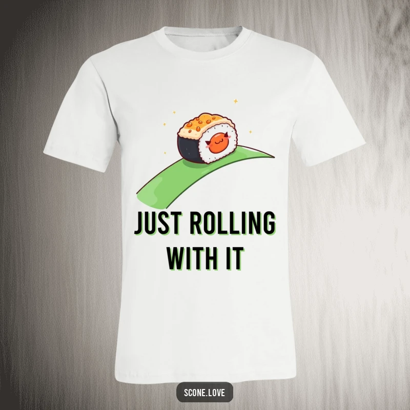 Funny T-Shirt: A happy sushi piece gracefully rolling downhill with a smile, embodying a carefree and delicious journey.