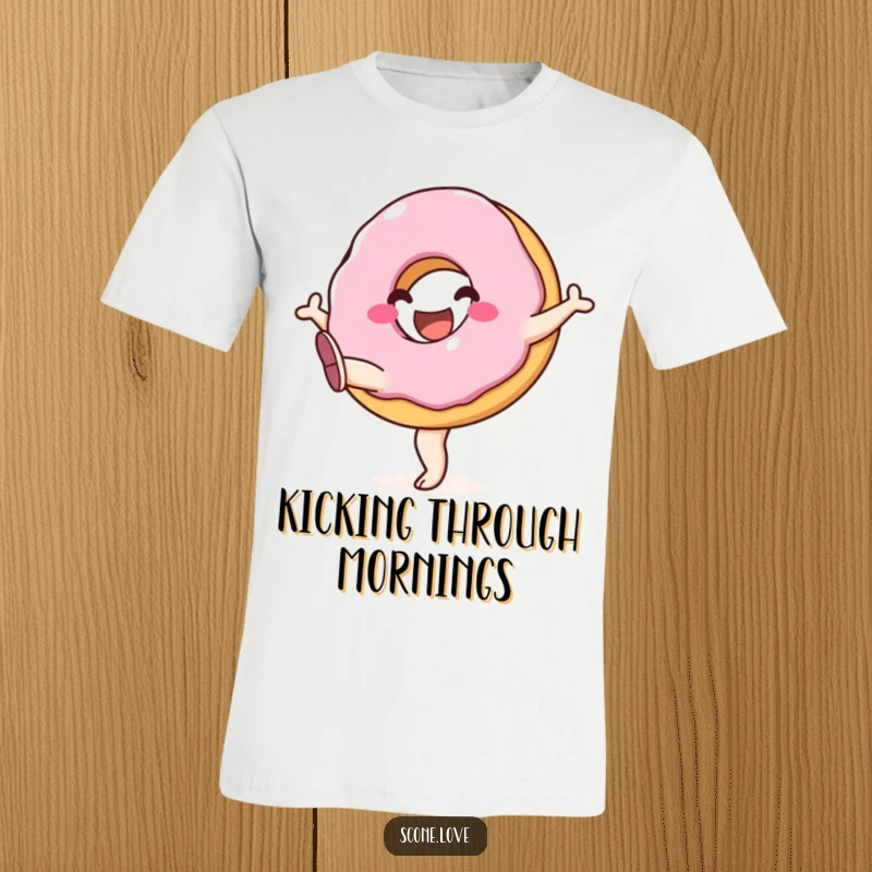 Funny t-shirt showcasing a delighted donut with its legs kicked up high, radiating infectious happiness and a carefree attitude.