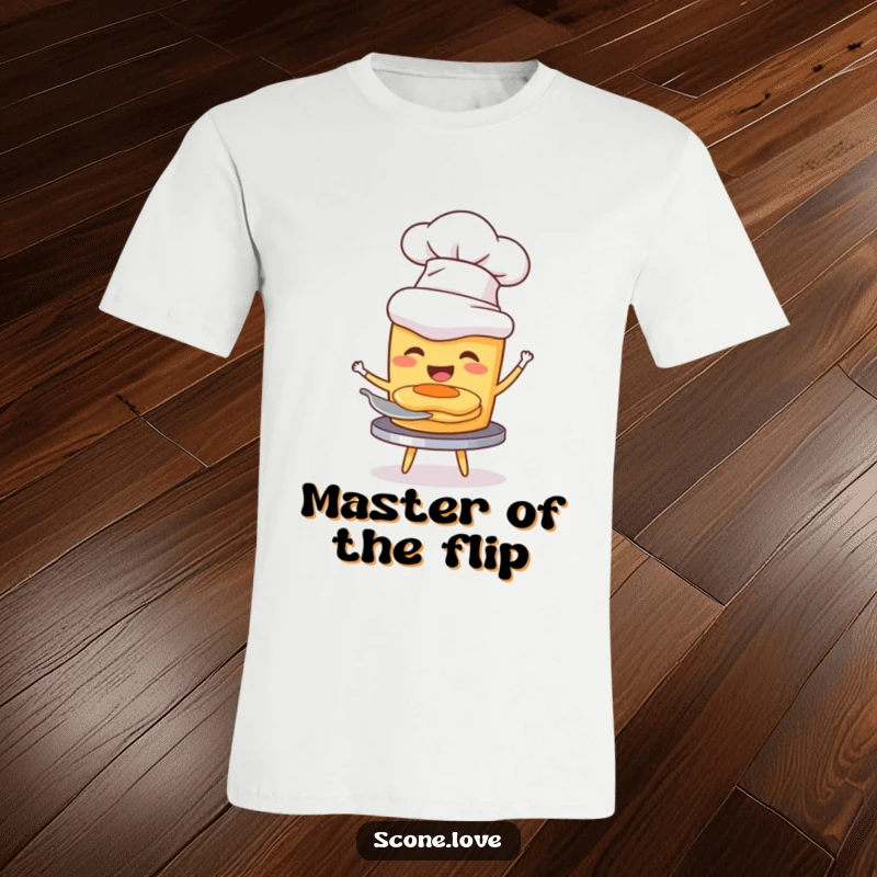 Funny t-shirt with a scone wearing a chef hat, happily flipping a miniature pancake, representing culinary joy.