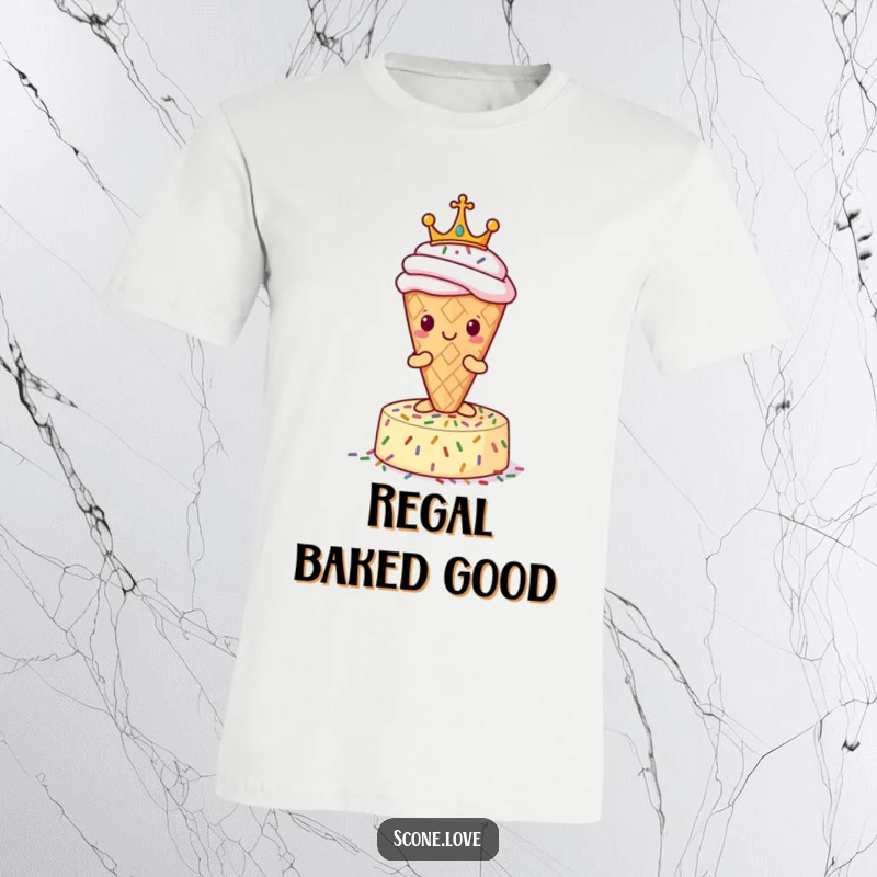Funny Scone T-Shirt: A crowned scone sits majestically on a sprinkle pedestal, printed on a tee for pastry lovers.