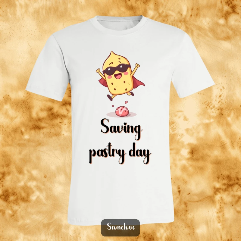 Funny t-shirt showcasing a superhero scone in mid-leap over a candy, bursting with joyful energy and heroic spirit.