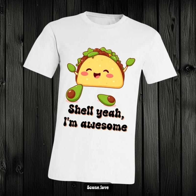 Funny T-shirt with a cheerful taco juggling tiny avocados with its shell, embodying a festive and humorous food theme.