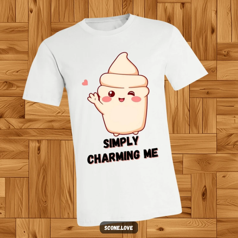 Funny t-shirt featuring a blushing scone waving shyly, perfect for conveying sweet and gentle emotions.