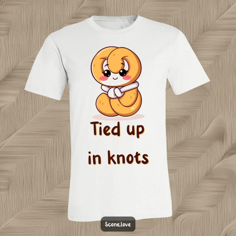 Funny t-shirt graphic of a determined pretzel focusing on tying its own complex knot, a humorous depiction of self-reliance.