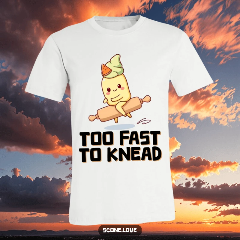 Funny Kawaii Scone T-Shirt: A cute scone tries to hang on to a runaway rolling pin, captured in a moment of humorous panic.
